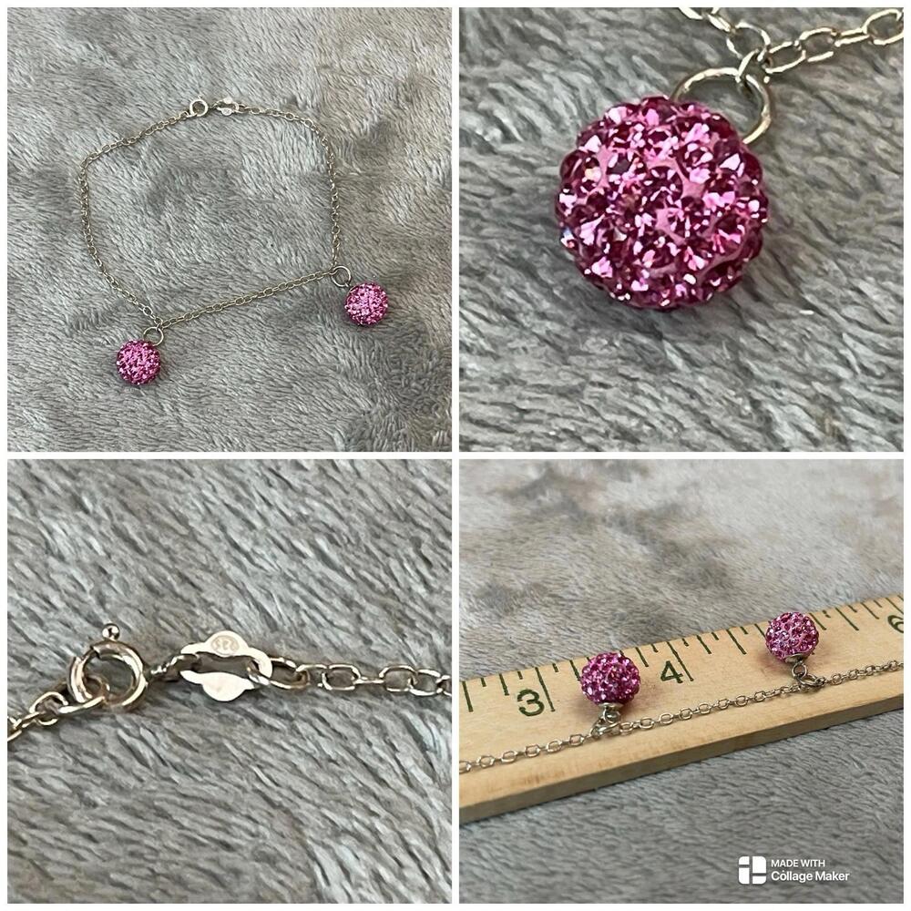 STERLING SILVER 925 PINK CRYSTAL BALL  BRACELET SIZE 7.5”